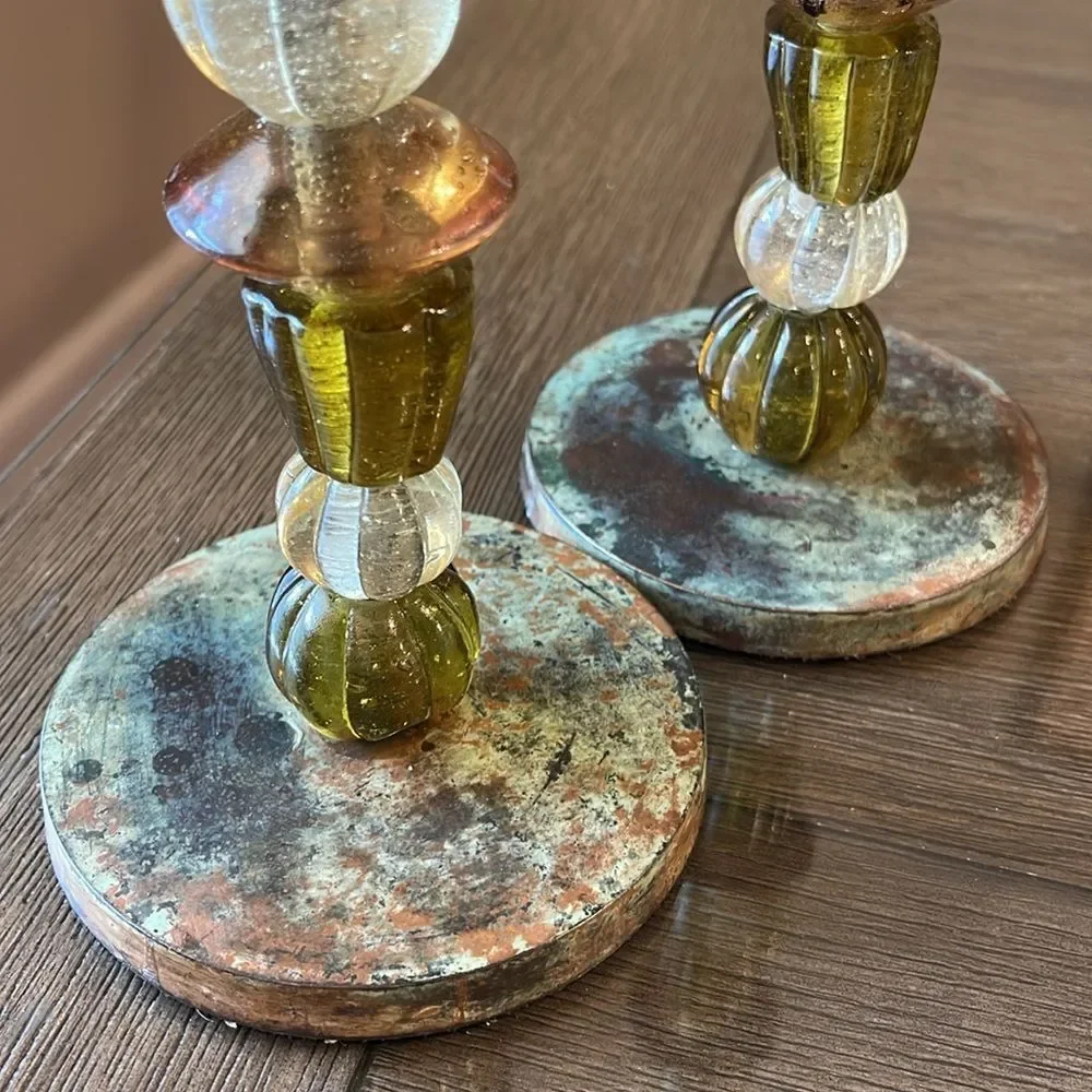 Zodax Candle Stick Holder Set of Green and Amber Glass Beads Bohemian